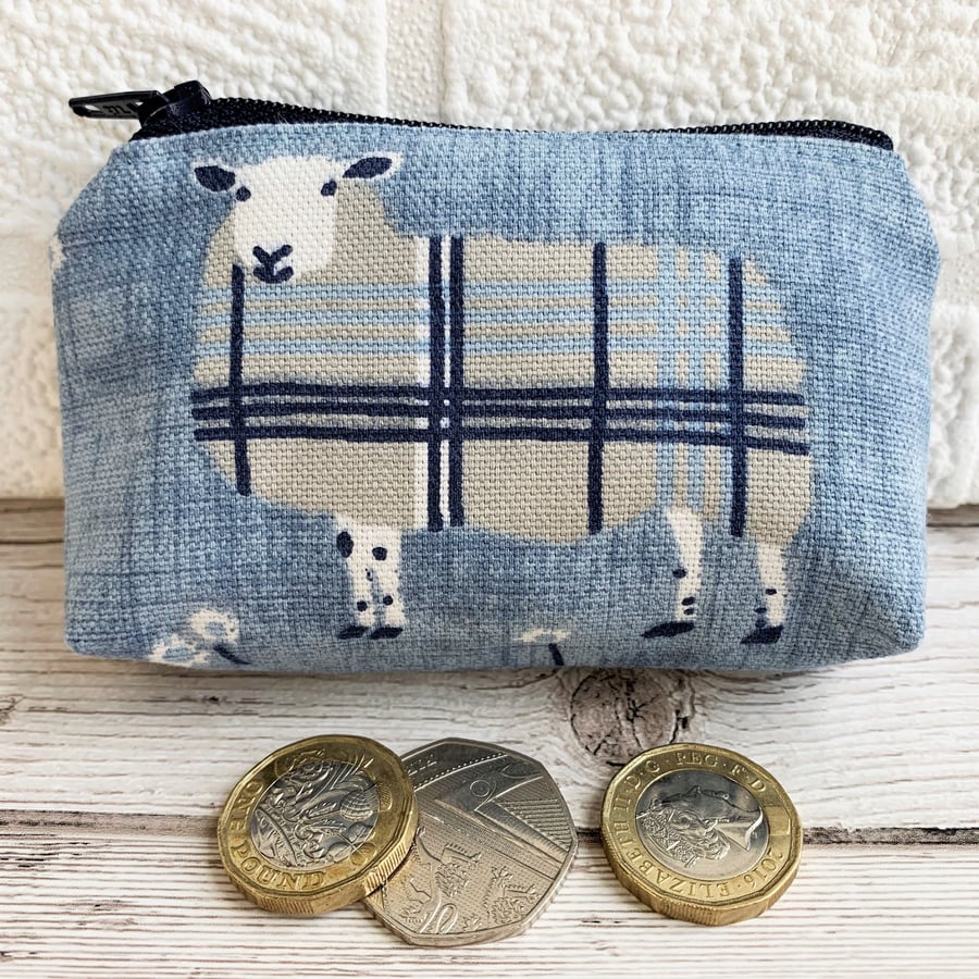Small purse, coin purse with grey checked sheep