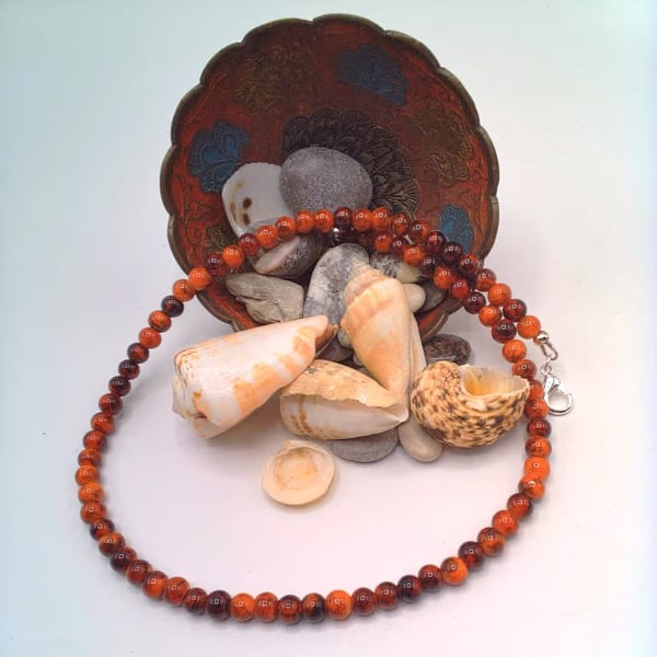 Men's Orange and Brown Glass Bead Necklace, Men's Necklace, Gift for Him