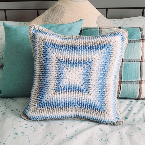 Blue tones crochet cushion