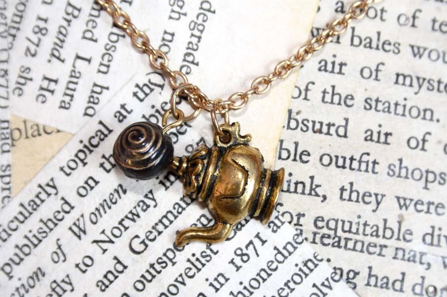 Gold Tea Pot Blue Bead Necklace