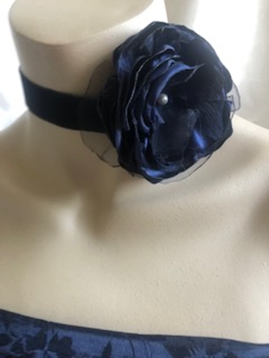 Midnight - Dark Blue Velvet Rose Choker - Choose your Accent Design!