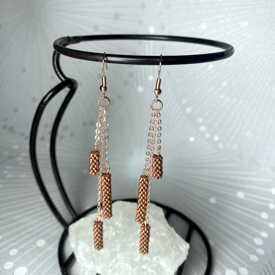 Artisan rose gold long dangle drop beaded earrings