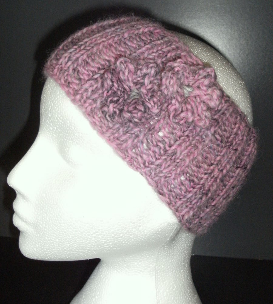 2- Flowered Alpaca & Wool Headband in Rose Pinks & Grey
