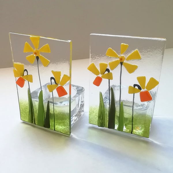 Fused Glass Daffodil Tealight Holder: Spring Flower Candle Gift