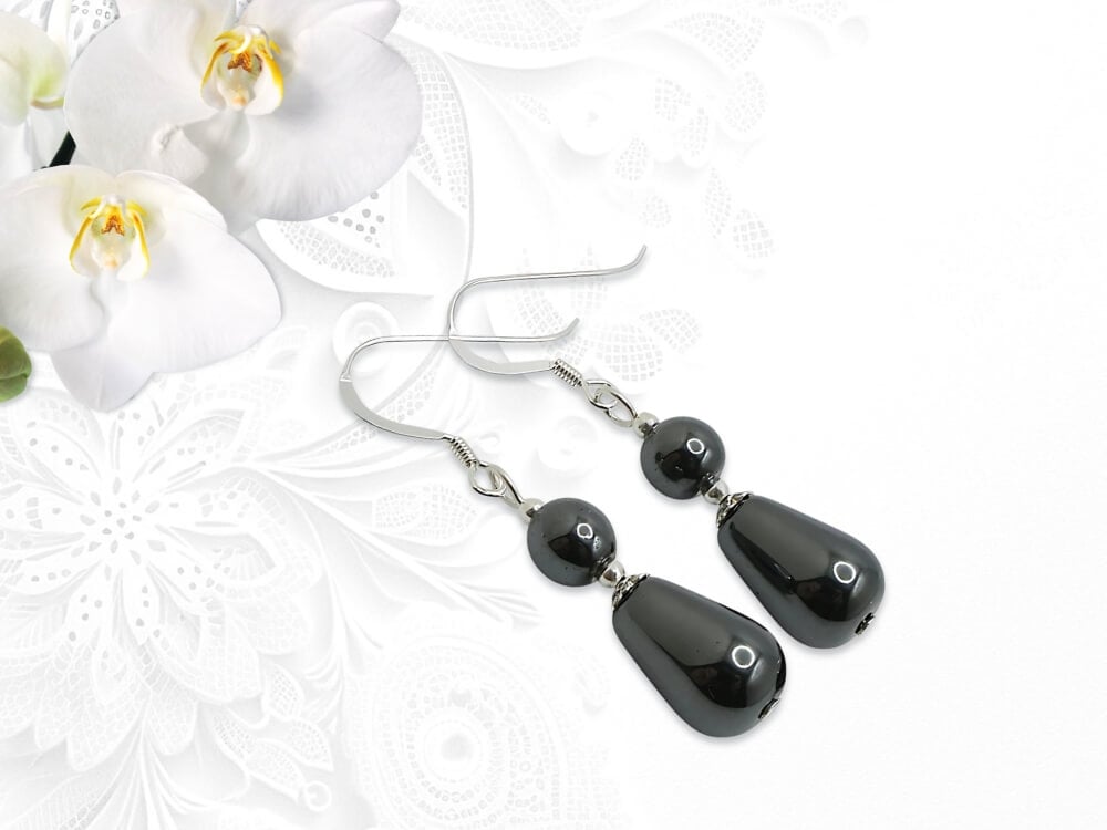 Smaller Hematite Round Tear Drop & Sterling Silver Dangly Earrings