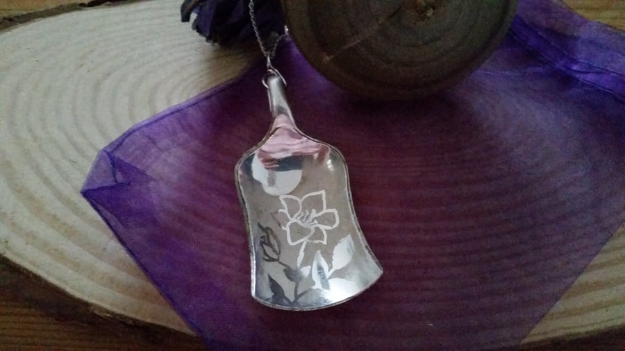Upcycled Silver Plated Etched Orchid Sugar Shovel Necklace