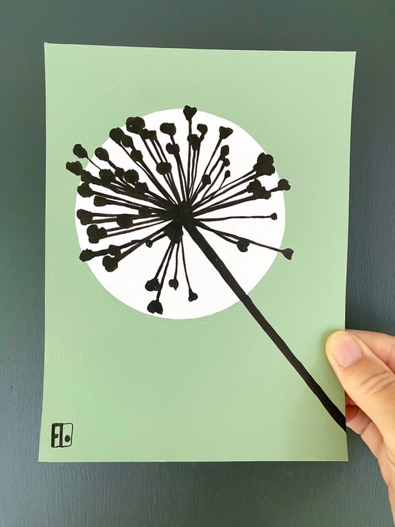 Garden Allium, seed head, shadow painting, handmade art, signed