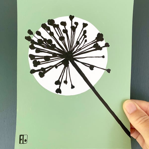 Botanical art, Garden Allium, seed head, shadow painting, handmade art, signed