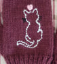 Plum Pink Hand Knitted Gloves With White Cat And Pink Hearts (J197) - Image 2