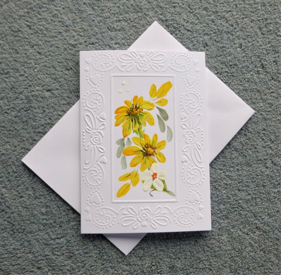 hand painted embossed blank daisy greetings card ( ref F376.S1 )