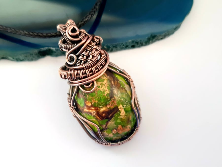Dark Green Pendant, Jasper Copper Wire Wrapped Necklace, Gifts for Women