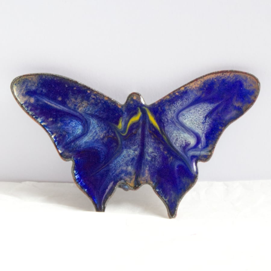 white and gold scrolled on blue over clear enamel - butterfly brooch