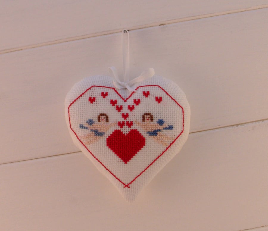 Valentines gift,home decor,hearts and cherub cross stitch,door hanger