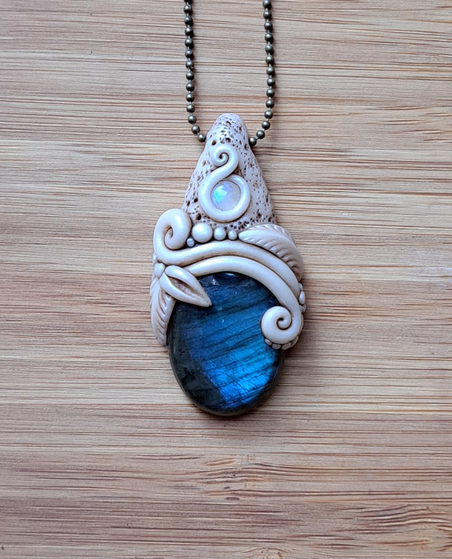 Labradorite with Rainbow Moonstone and Polymer Clay Amulet Pendant 
