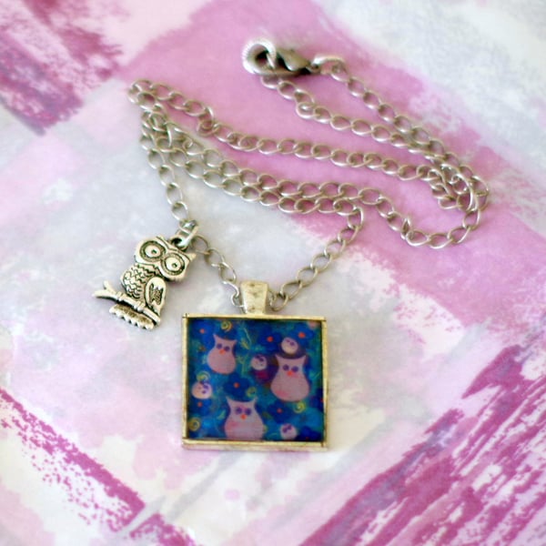 Owl Purple Pendant Necklace, Silver Resin Pendant Necklace with Art Print