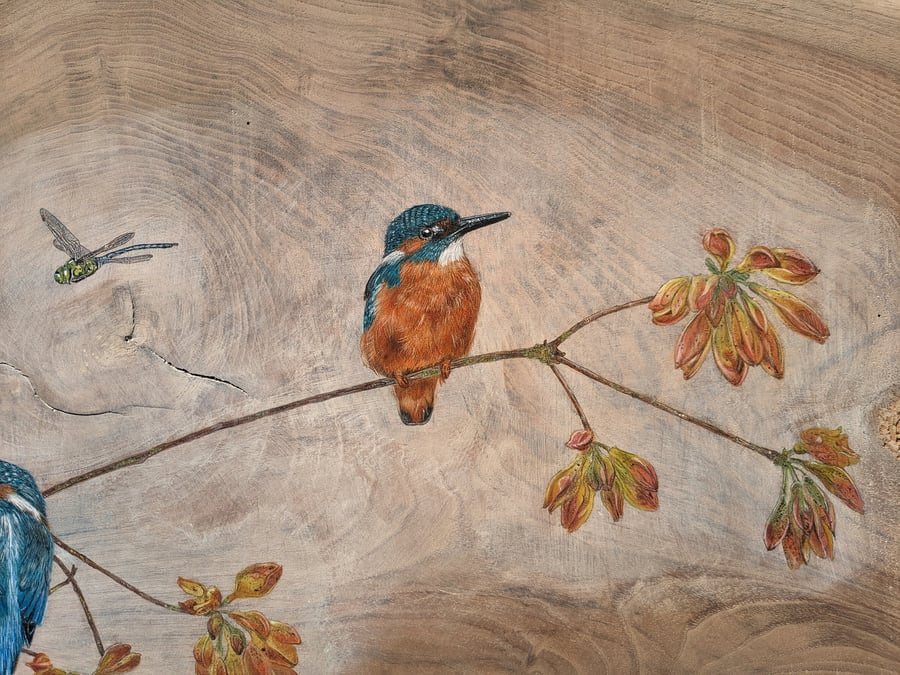 Original extra large kingfisher painting on reclaimed and repurposed wood