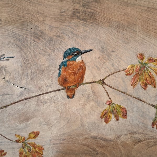 Original extra large kingfisher painting on reclaimed and repurposed wood