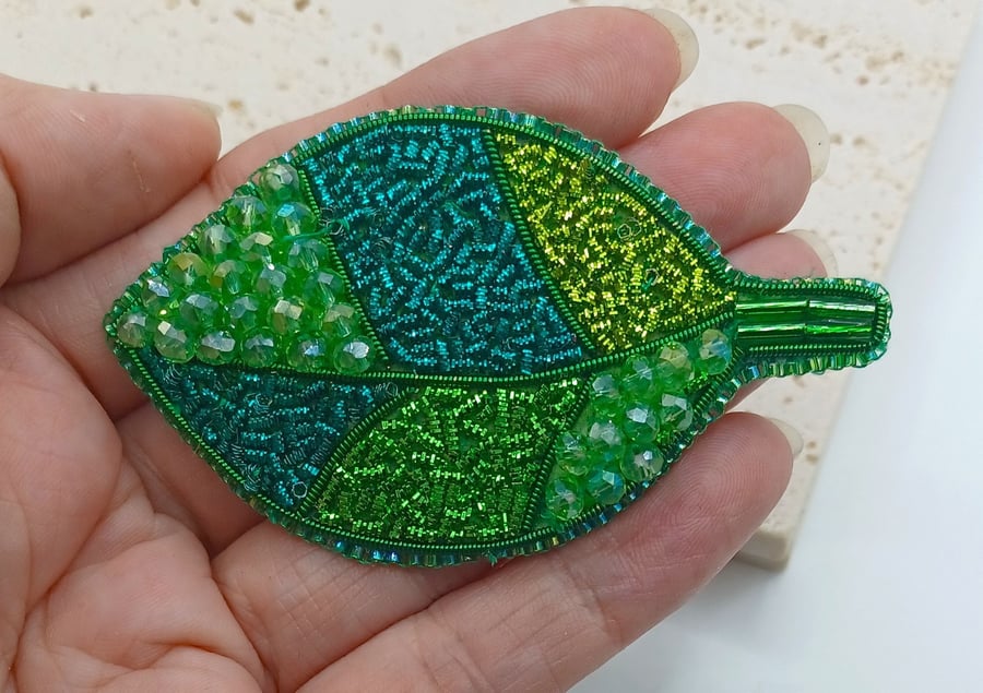Leaf Brooch, Bead Embroidery Leaf, Goldwork Embroidery Brooch, Metal Thread Embr