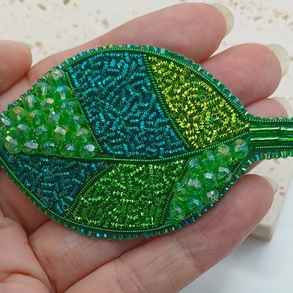 Leaf Brooch, Bead Embroidery Leaf, Goldwork Embroidery Brooch, Metal Thread Embr