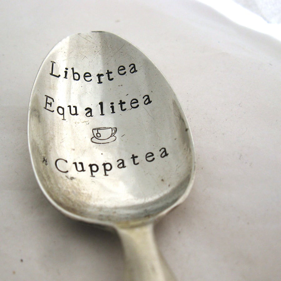Hand Stamped Vintage Tea Spoon, Libertea Equalitea Cuppatea