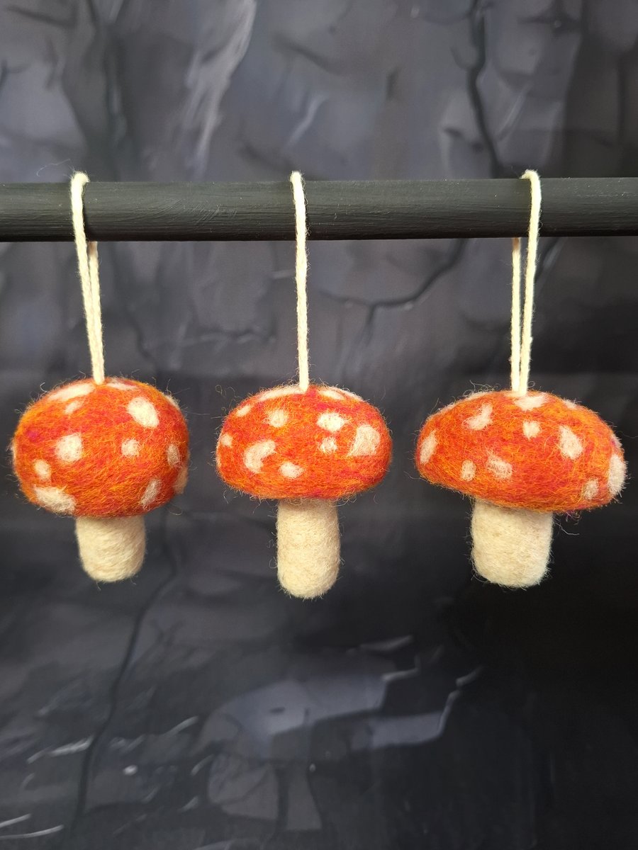 3 Orange Hanging Toadstools. Needle Felted with Wool Fibres.. FREE SHIPPING.