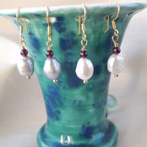 Baroque pearl and garnet sterling silver earrings