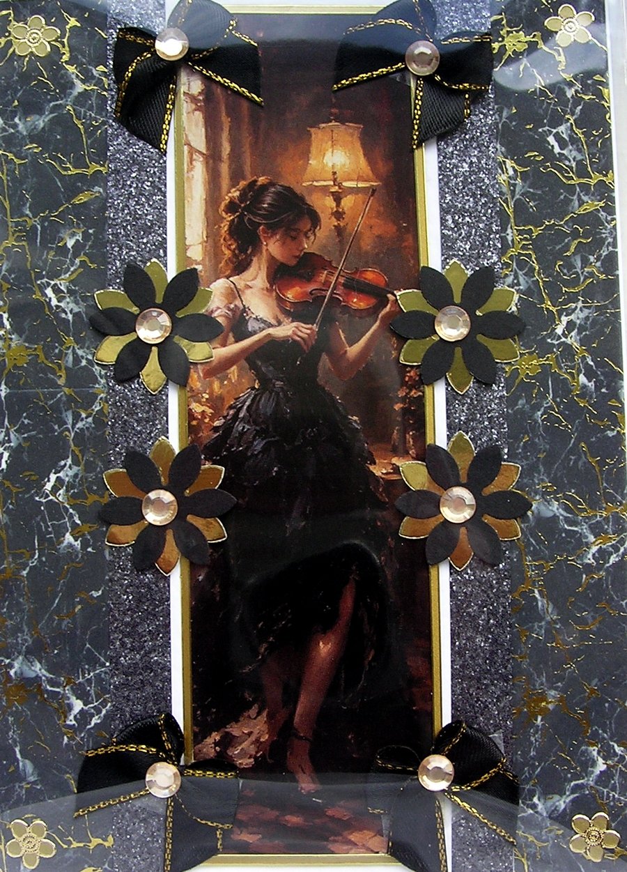 Violin Playing Girl - Hand Crafted Decoupage Greeting Card - Blank 3420