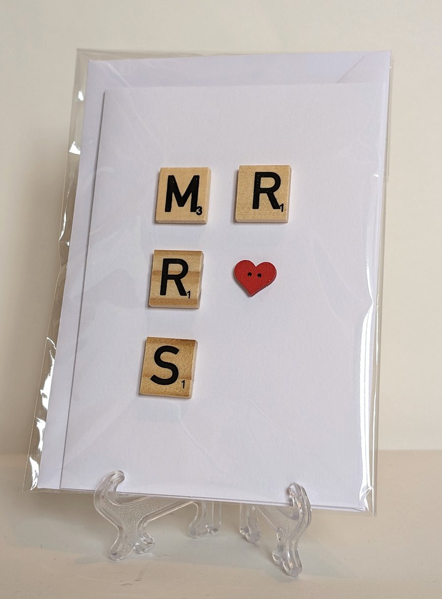 Mr and Mrs Wedding Scrabble and button handmade greetings card 