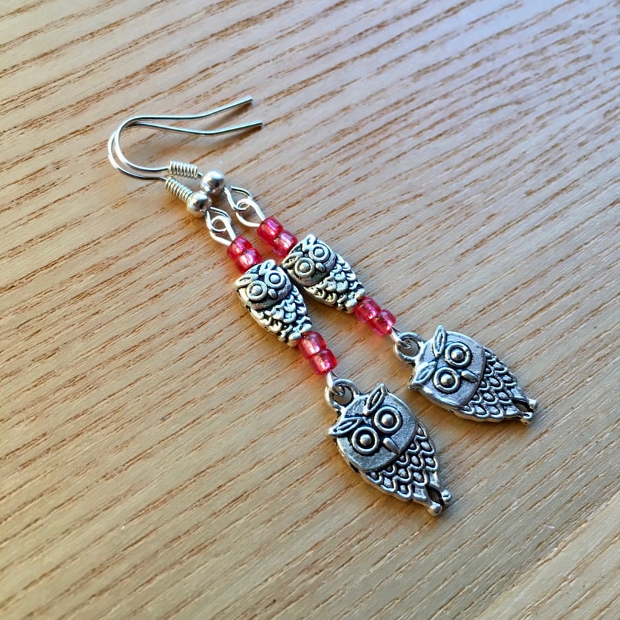 Pink Owl Charm Earrings, Gift for Her, Nature Lover Present