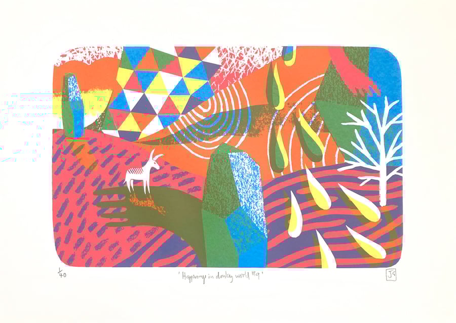 Happenings in Donkey World No.9 3-colour A3 screen print (blue, pink and yellow)