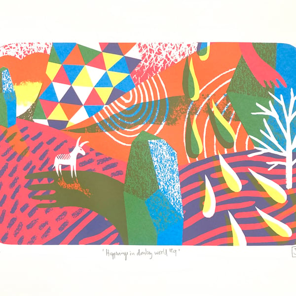 Happenings in Donkey World No.9 3-colour A3 screen print (blue, pink and yellow)