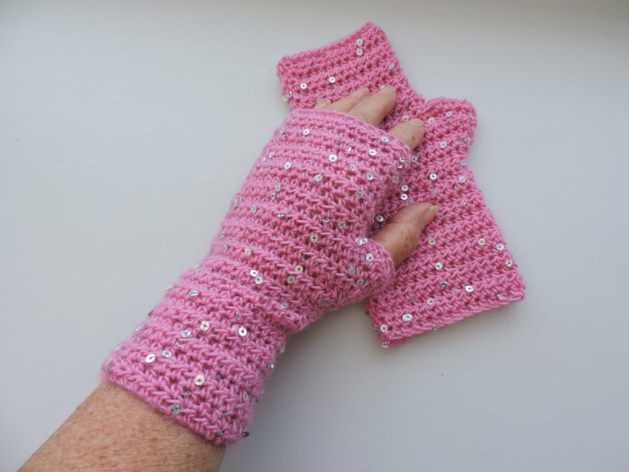 Crochet Fingerless Mitts Wrist Warmers Pink with Sequins