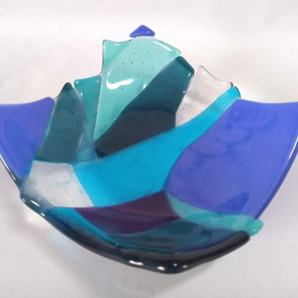 Patchwork Blue and Turquoise Square Fused Glass Dish 