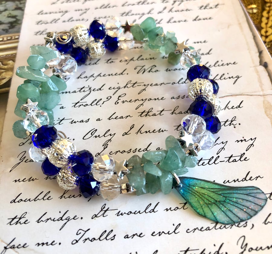 Blue and Green Aventurine Crystal Fairy Wing Beaded Bracelet