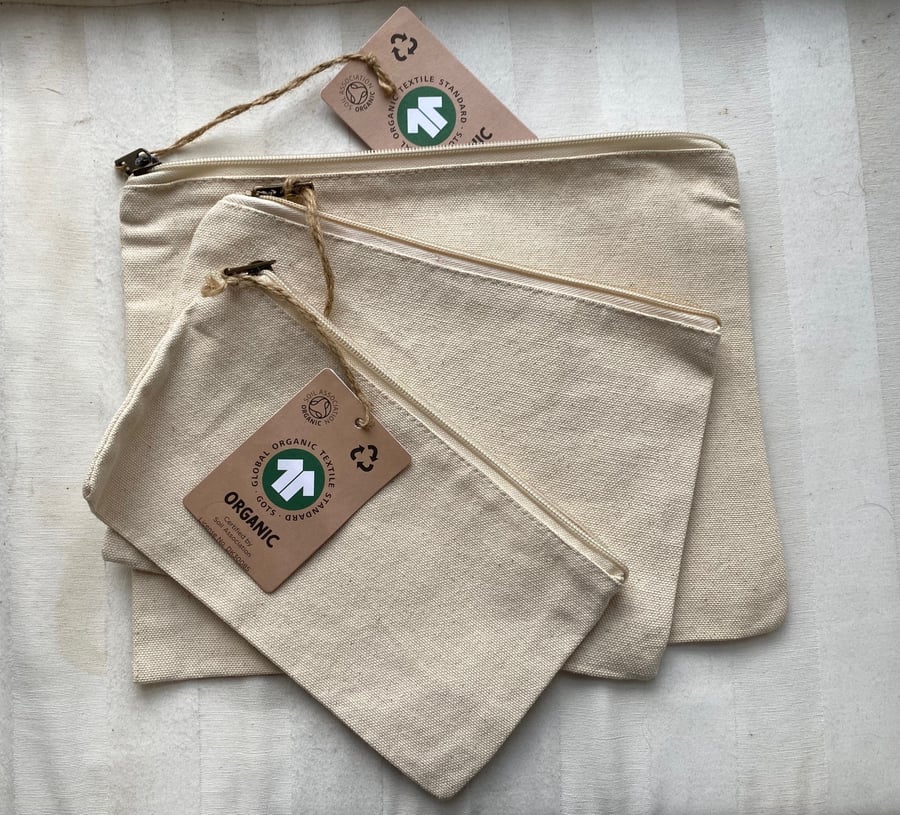 SET OF 3 Natural Organic Cotton toiletries, haircare & make-up Bags