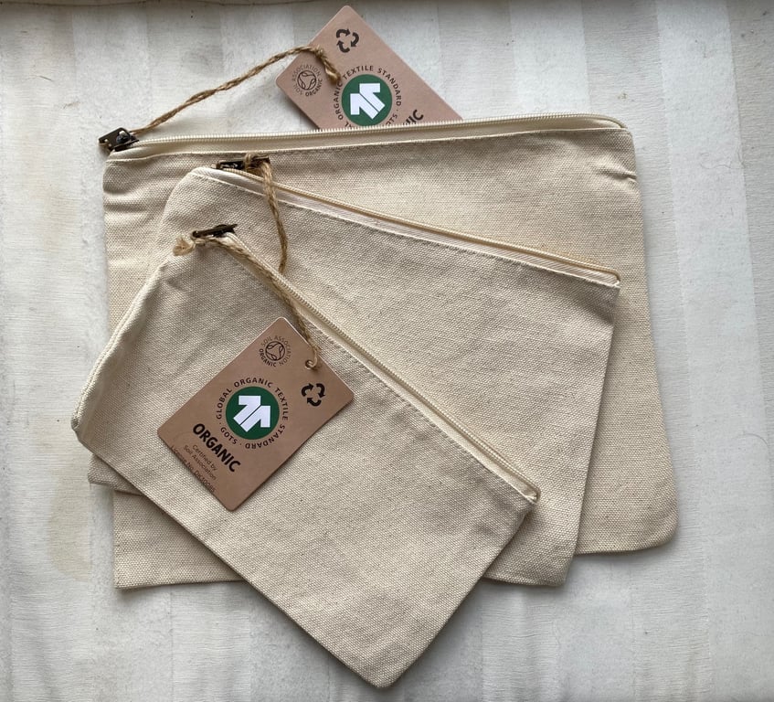 SET OF 3 Natural Organic Cotton toiletries, haircare & make-up Bags
