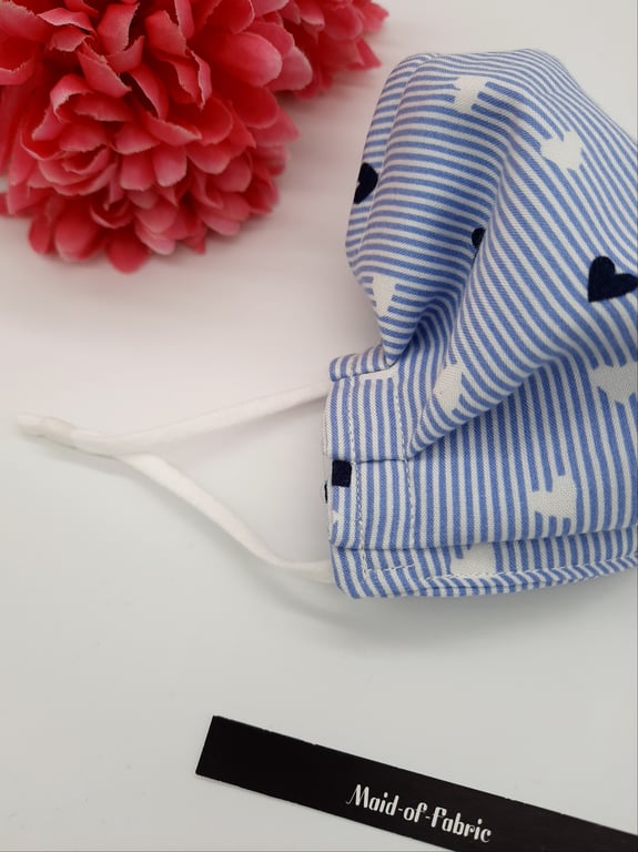 Small face mask,  blue and white stripe with hearts,  adjustable, nose wire 