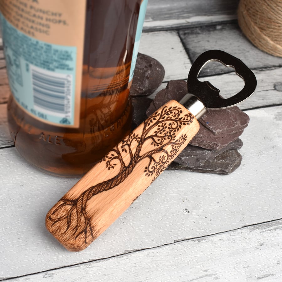 Twisted trees hand burned pyrography bottle opener. Practical unusual gift.