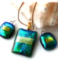 Dichroic Glass 115 Pendant Earring Set Emerald Gold Plated Chain