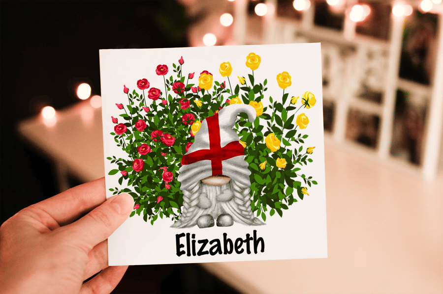 English Gnome Rose Card, England National Flower Card, Custom Card