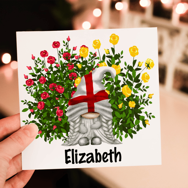 English Gnome Rose Card, England National Flower Card, Custom Card