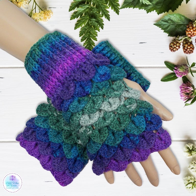 Crochet gloves. Purple blue and green dragon scale gloves. Fingerless gloves.