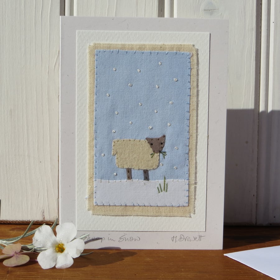 Sheep in Snow hand-stitched textile - perfect for Christmas or winter birthday