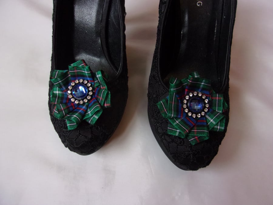 Rose Tartan Sapphire Royal Blue & Green Pearl Ribbon Ruffle Shoe Clips 