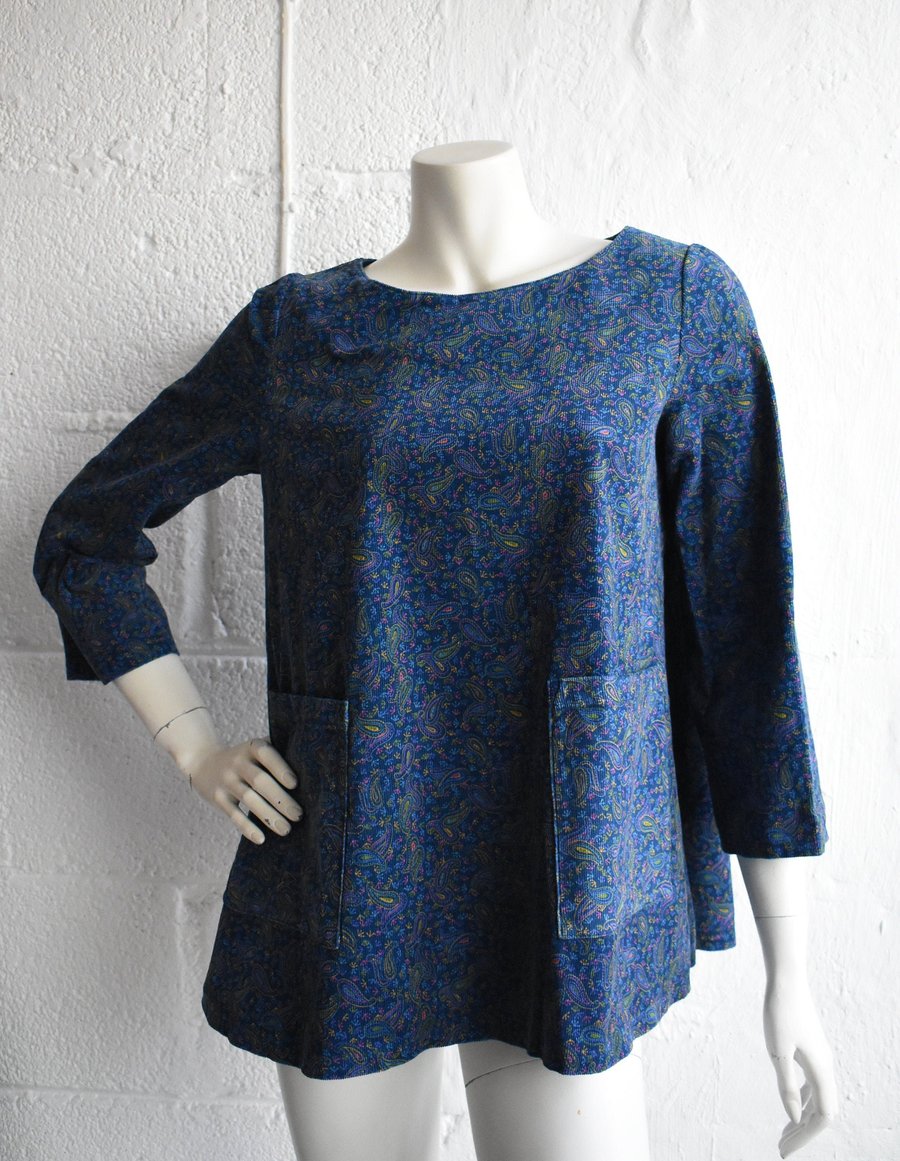 60's Style Trapeze Top Vintage Blue Paisley Needle Cord - One off - Size 8-10