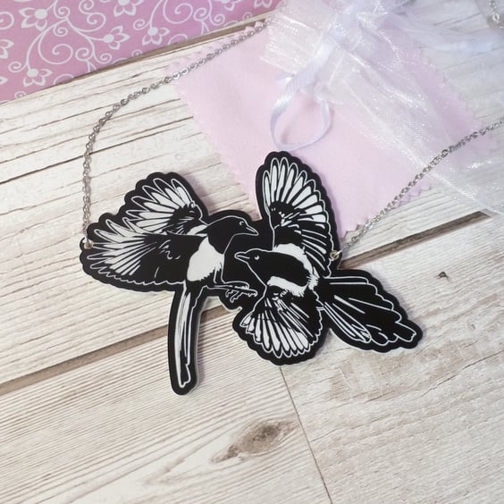 Magpie necklace, two for joy magpie necklace, large necklace for bird lovers