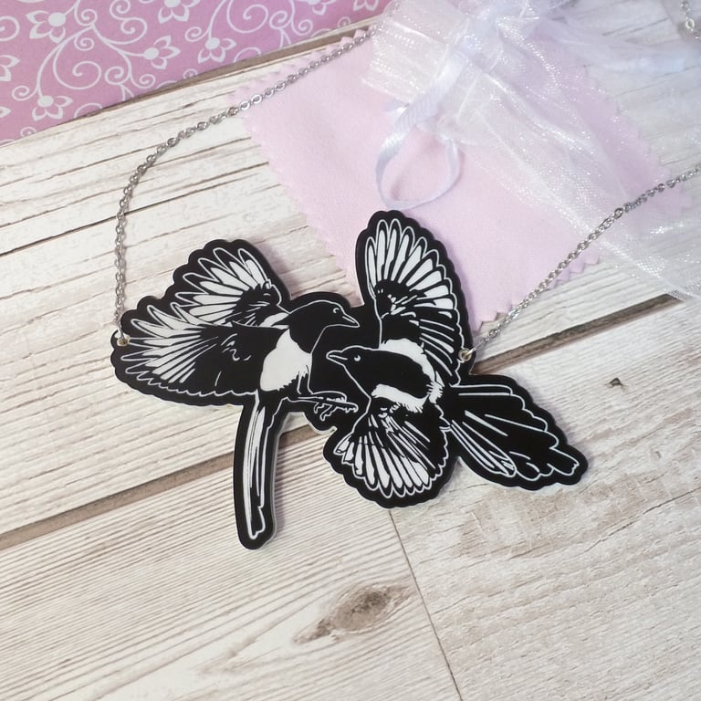 Magpie necklace, two for joy magpie necklace, large necklace for bird lovers