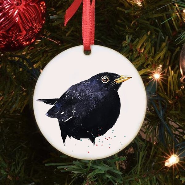 Blackbird Round Tree Decoration.Blackbird Xmas Tree Decoration,Blackbird Christm