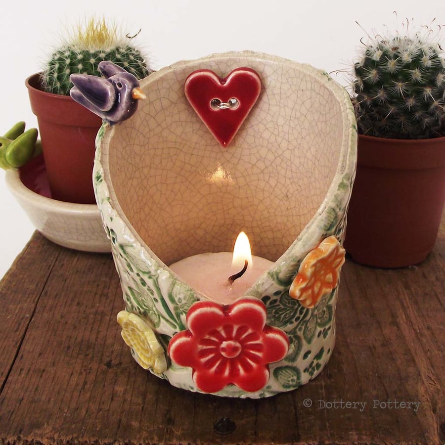 pottery bird woodland scene candle holder ceramic dish trinket pot