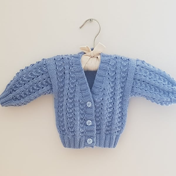 Hand Knitted Blue Baby Cardigan 0-3 months